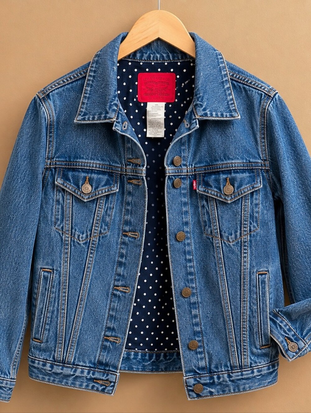 Levi’s Blue Denim Polka Dot Lined Y2K Trucker Jacket Girls Size XL